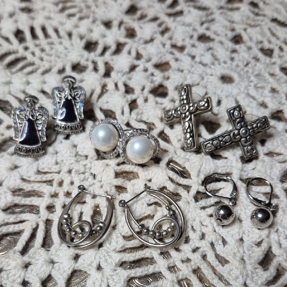 Mixed Silver Tone Stud and Hoop Earrings - Cross, Angel, Pearl